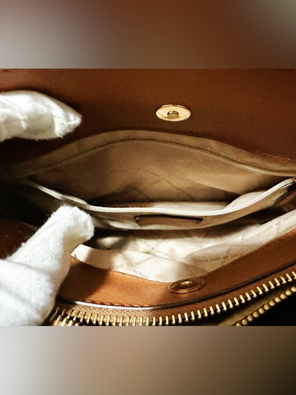 Michael Kors shoulder Bag Satchel with Tan Trim & Gold Accents tote bag - Picture 9 of 17